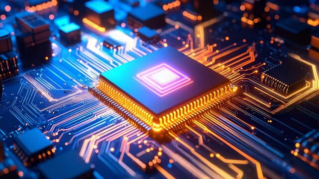 Glowing computer chip on circuit board