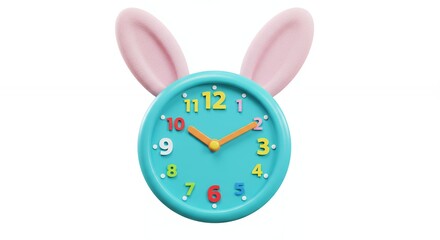 Colorful teal wall clock with pink rabbit ears
