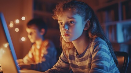 Children engaged in learning online home study space digital education cozy atmosphere close-up view focused mindset