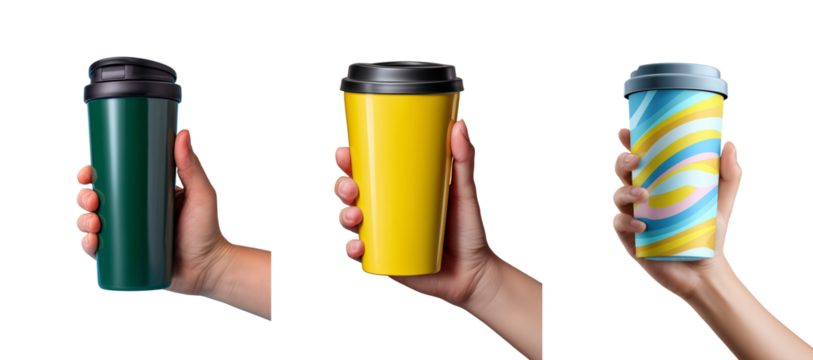 Set of a hand holding a tall travel tumbler with a black lid, isolated on a transparent background.