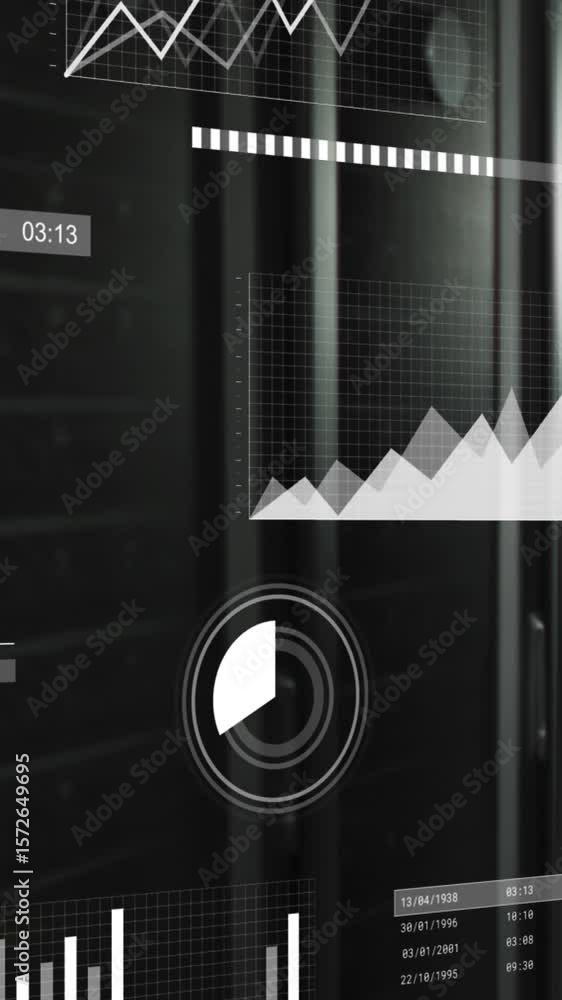 Poster animation of interface with statistical data processing against computer server room