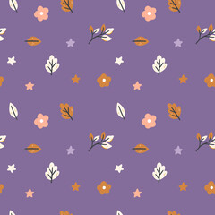 Cute Autumn Foliage Seamless Pattern with Solid Purple Background. Minimalist Fall Fabric Pattern