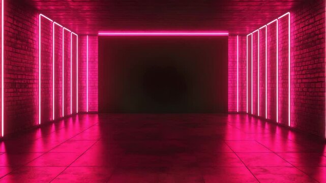 Neon pink light strip glows in empty room with brick wall and tile floor creating vibrant futuristic atmosphere with glowing reflections and illuminated vertical horizontal lines
