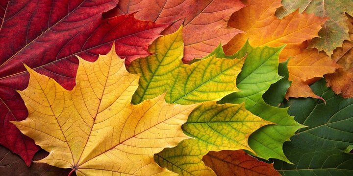 Top view of vibrant autumn maple leaves in various colors: red, yellow, orange, green. Nature background for fall season, foliage concept, rustic table flatlay for seasonal or botanical themes.
