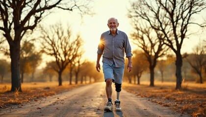 Fototapeta premium Smiling senior man with prosthetic leg walking confidently on rural road at sunset, symbolizing resilience and independence.