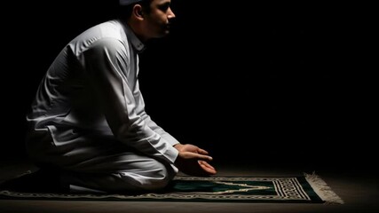 A man kneels in prayer on a rug, wearing traditional Muslim attire, against a dark background.