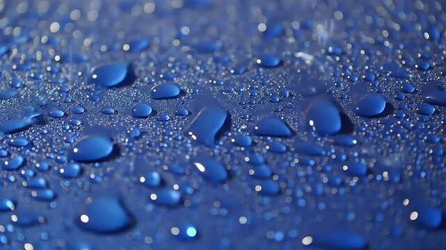 Macro close-up of water droplets beading and merging on a polished, hydrophobic blue surface, creating a clean, abstract texture