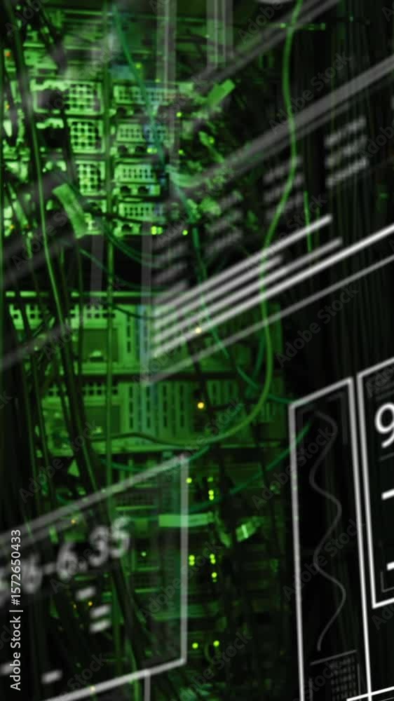 Poster digital animation of multiple digital icons floating against data processing on black background