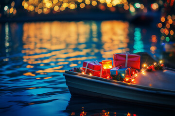 Christmas lights on the water - floating lanterns, generated AI