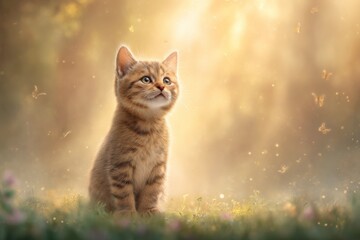 Obraz premium A curious tabby kitten sits in a sunlit meadow surrounded by soft-focus flowers and fluttering butterflies.