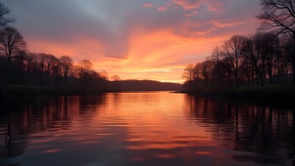 Obraz premium Sunset over a serene lake reflecting orange and pink hues.