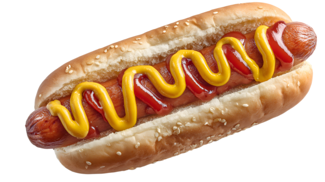 Top view Hot dog with ketchup and mustard, isolated on a white background. isolated on a transparent background. PNG format for graphic design. - Powered by Adobe