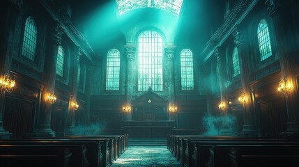 Majestic, dimly lit church interior with teal light