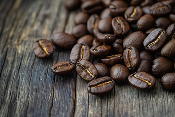 Naklejka premium Coffee beans on a wooden surface, generated AI
