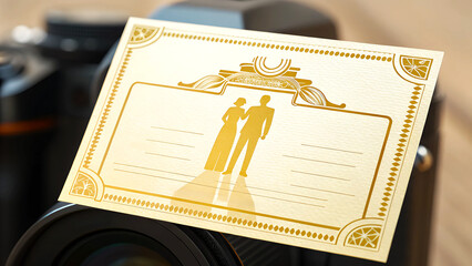 Elegant Gold-Printed Wedding Invitation Card with Bride and Groom Silhouette.
