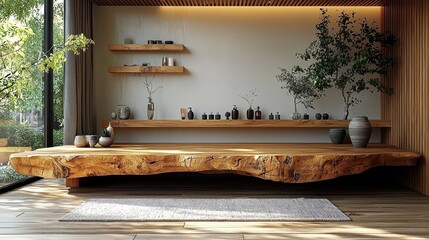 Zen-inspired wooden living area with natural elements
