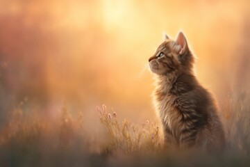 Obraz premium A fluffy kitten sits attentively in a sunlit field, surrounded by soft grass and warm golden light.