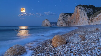 Moonlight washes over a pebble beach with dramatic cliffs