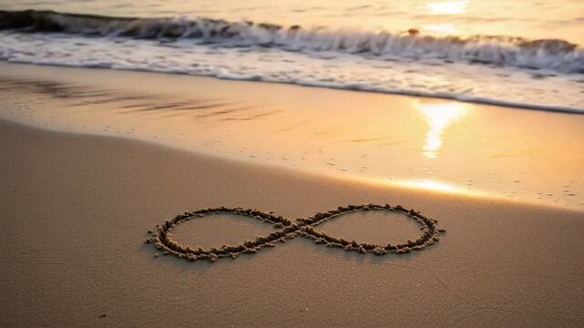 Infinity symbol drawn in sand slowly erased by approaching wave, illustrating impermanence and timeless flow