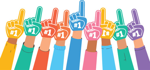 A diverse group of people raising their hands wearing colorful foam fingers with the number one symbol indicating victory celebration or support