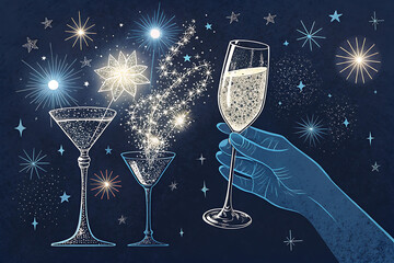 Elegant Champagne Toast Illustration | Sparkling Night Celebration Artwork