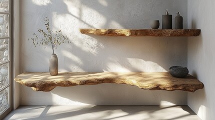 Minimalist wooden shelves with natural elements