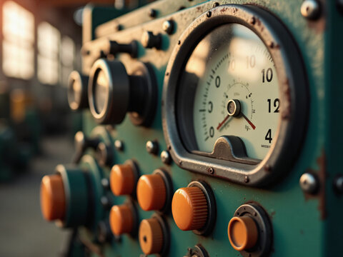 Vintage Industrial Control Panel with Analog Gauges and Knobs