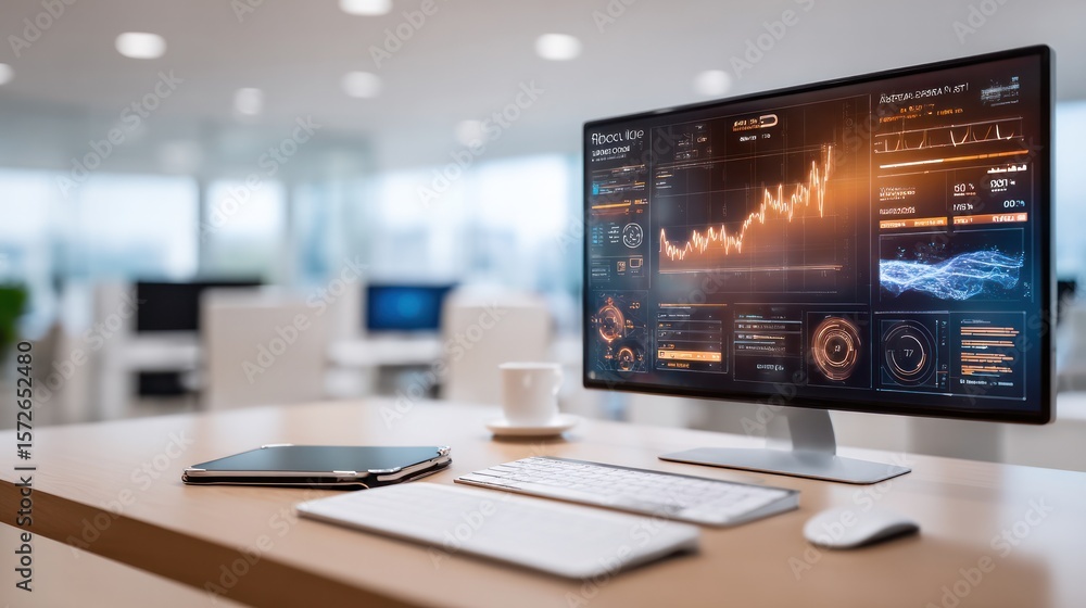 Poster analyzing financial data: a close-up of a desktop monitor showcasing dynamic stock market graphs and