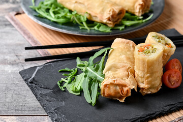 Crispy vegetables spring Rolls. Copy space