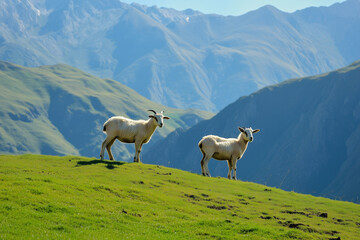 Goats grazing on a green hill, generated AI