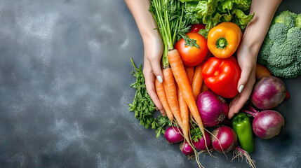 
Hands carefully cradle a vibrant assortment of fresh, organic vegetables—carrots, peppers, onions, and greens—on a dark, textured background, emphasizing healthy eating