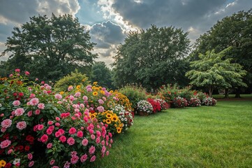 Fototapeta premium Golden Hour Light Over Flower Meadow – Romantic Outdoor Garden Scene with Summer Blooms