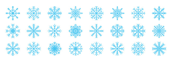 Blue Snowflakes line icons set isolated on white background. Simple symmetrical winter decoration shapes. Snow flake with editable stroke. Modern Geometric vector design for Christmas and New Year.
