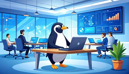 Cartoon penguin working in a tech startup office,
