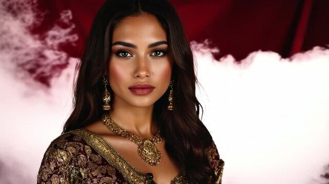 Mysterious eastern woman supermodel with olive skin and dark hair