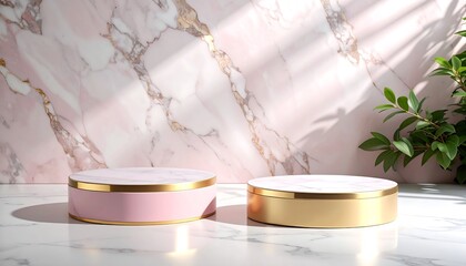 Empty pink and gold luxury marble podium with soft shadows,
