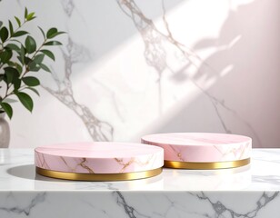 Empty pink and gold luxury marble podium with soft shadows,
