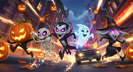 Spooky Halloween Night Chase Cartoon Characters' Thrilling Run