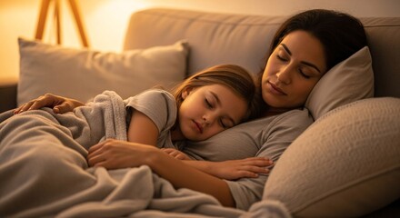 Mother and daughter sleeping together on couch wrapped in blanket