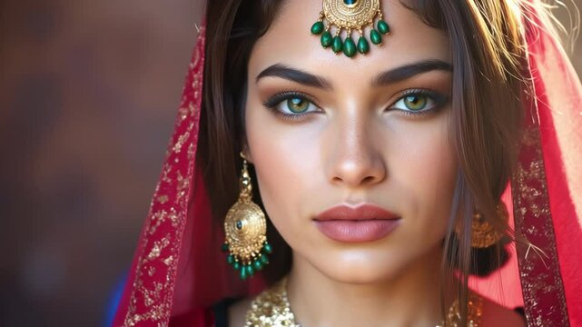 Mysterious eastern woman supermodel with olive skin and dark hair