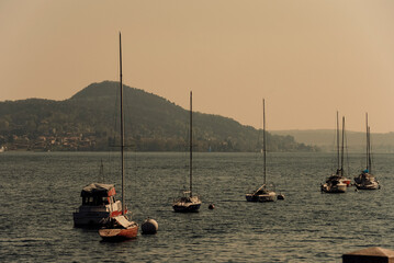 Sailboats gliding across Lake Maggiore during golden sunset, scenic hills framing Stresa landscape...