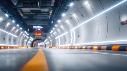 Fototapeta premium Tunnel of Innovation: A contemporary transportation tunnel illuminated by a dynamic display of lights, showcasing modern engineering and architectural prowess.