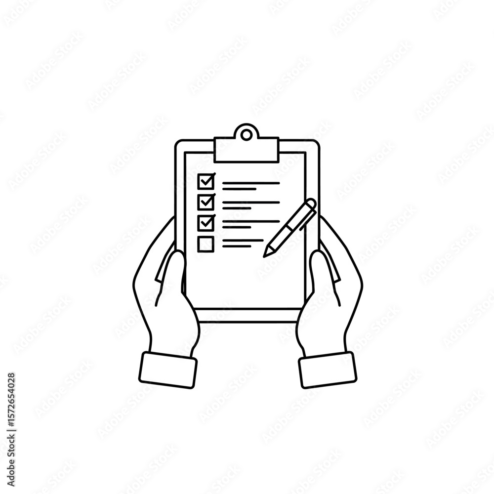 Poster hands holding a clipboard with a checklist and pen, signifying a task or to-do list.