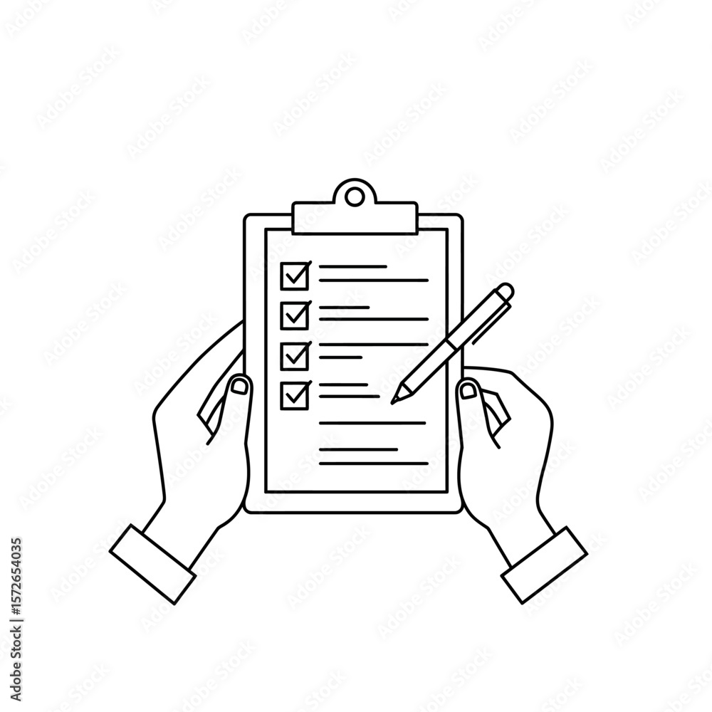 Poster hands holding a clipboard with a checklist and pen, indicating task completion.