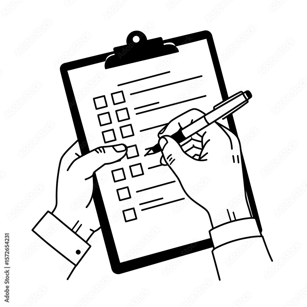 Poster hands completing a checklist on a clipboard with a pen.