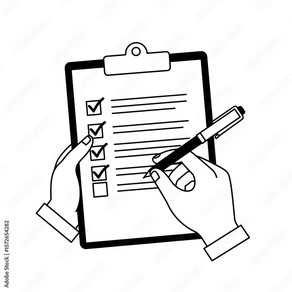 Poster hands completing a checklist on a clipboard with a pen.