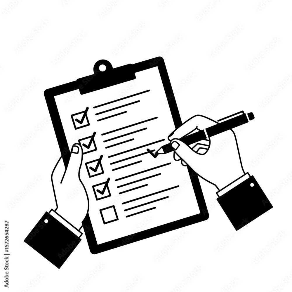 Poster hands completing a checklist on a clipboard, signifying task management and organization.