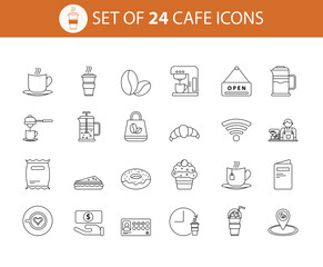 Minimal line art icons for cafes and coffee shops. 24 editable stroke vector icons including cups,...