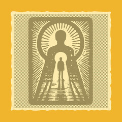  Halftone effect vibrant color postal stamp vector illustration of a silhouette of a person inside a keyhole symbolizing mystery, security, privacy, exploration, discovery, and identity concept design