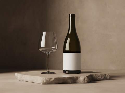 A wine bottle and an empty glass sit on a stone table